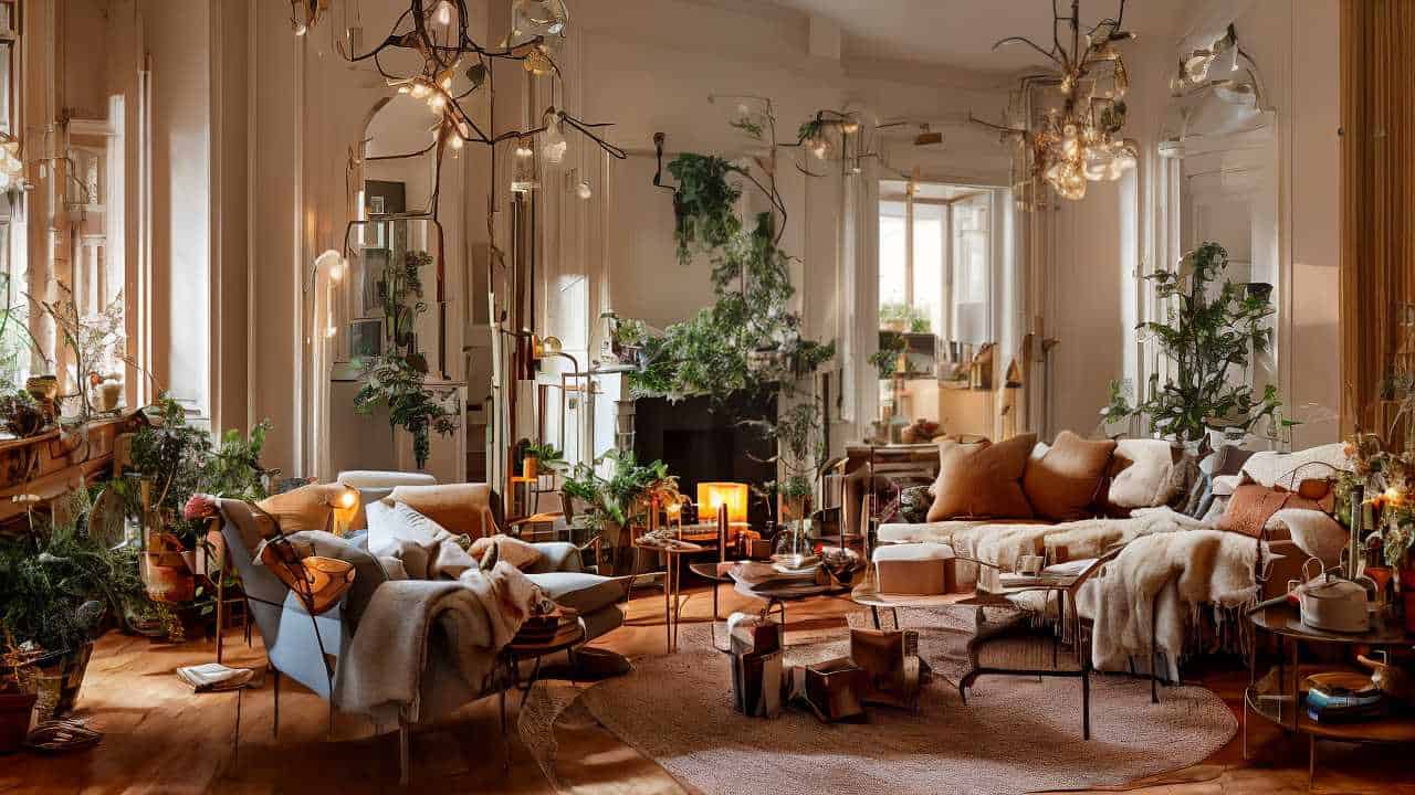 Cozy living room with sofas, decorative lights, and abundant greenery. Soft blankets cover the furniture, and wooden accents add warmth. Sunlight filters through large windows.