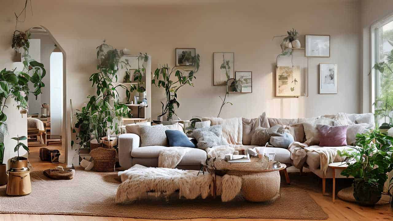 Cozy living room with plush sofas, a round coffee table, and abundant greenery. Soft lighting and framed art adorn the walls, adding a warm atmosphere.