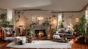 Cozy living room with a fireplace, surrounded by houseplants and wooden furniture. A fluffy rug covers the wooden floor, and soft lighting creates a warm atmosphere.