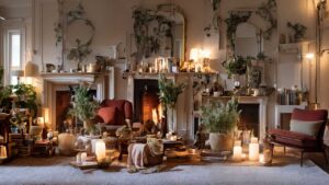 Cozy living room with lit candles, lush greenery, two armchairs, books, and mirrors above fireplaces, creating a warm and inviting ambiance.