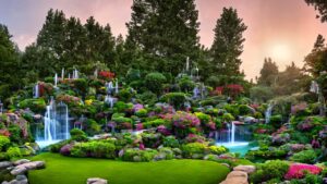 A lush garden with small waterfalls, colorful flowers, and various trees under a sunset sky.