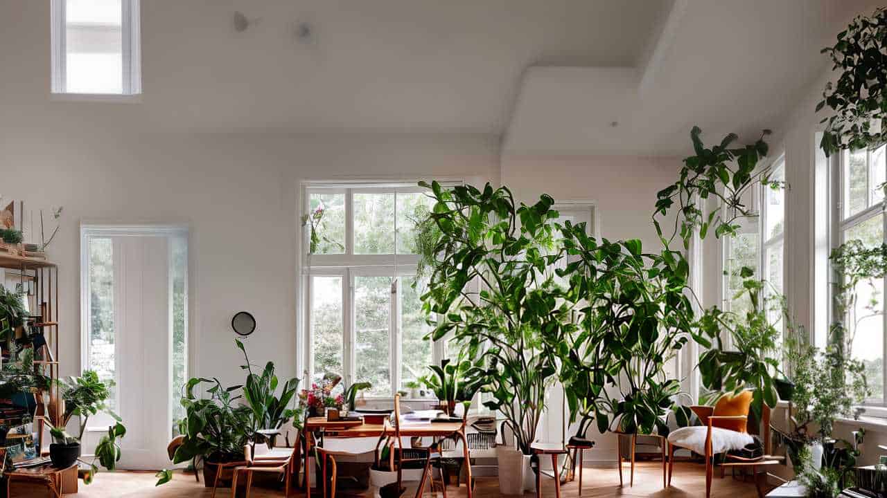 Bright living room with large windows, wooden furniture, and numerous green plants.