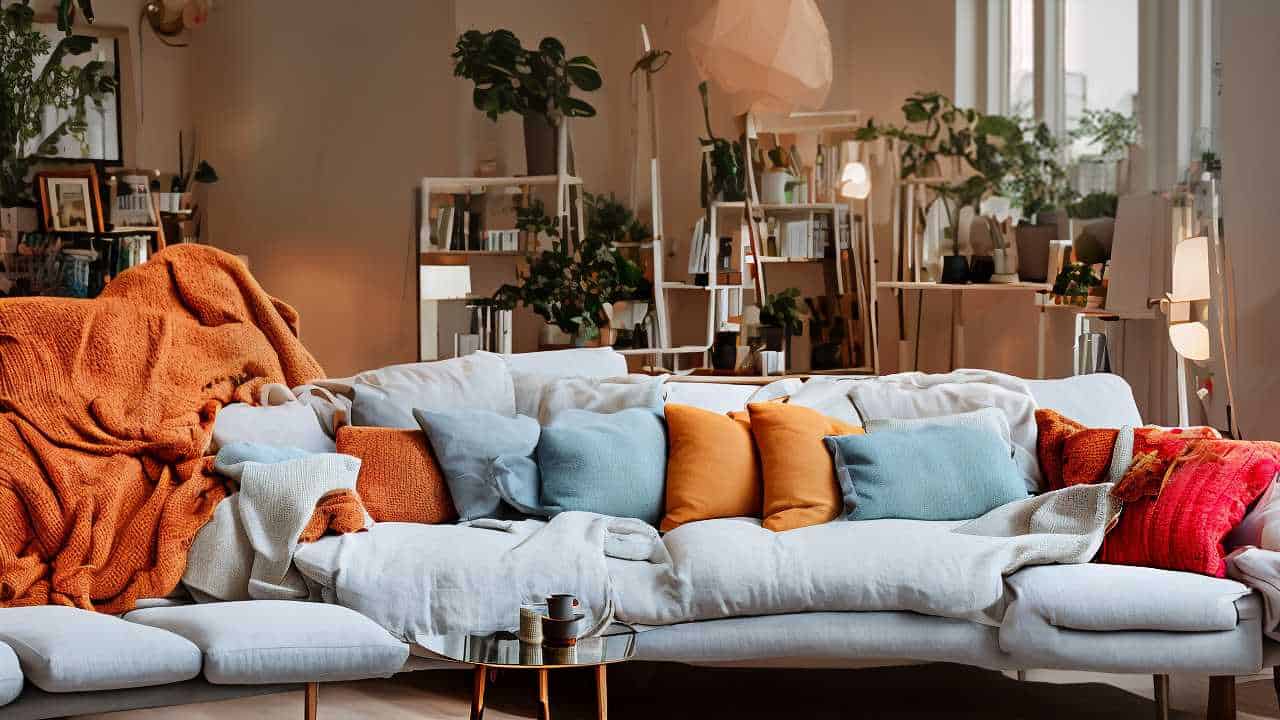 A cozy living room with a large white sofa, adorned with orange, blue, and yellow cushions. An orange throw blanket drapes over the sofa. Green plants and bookshelves are in the background.