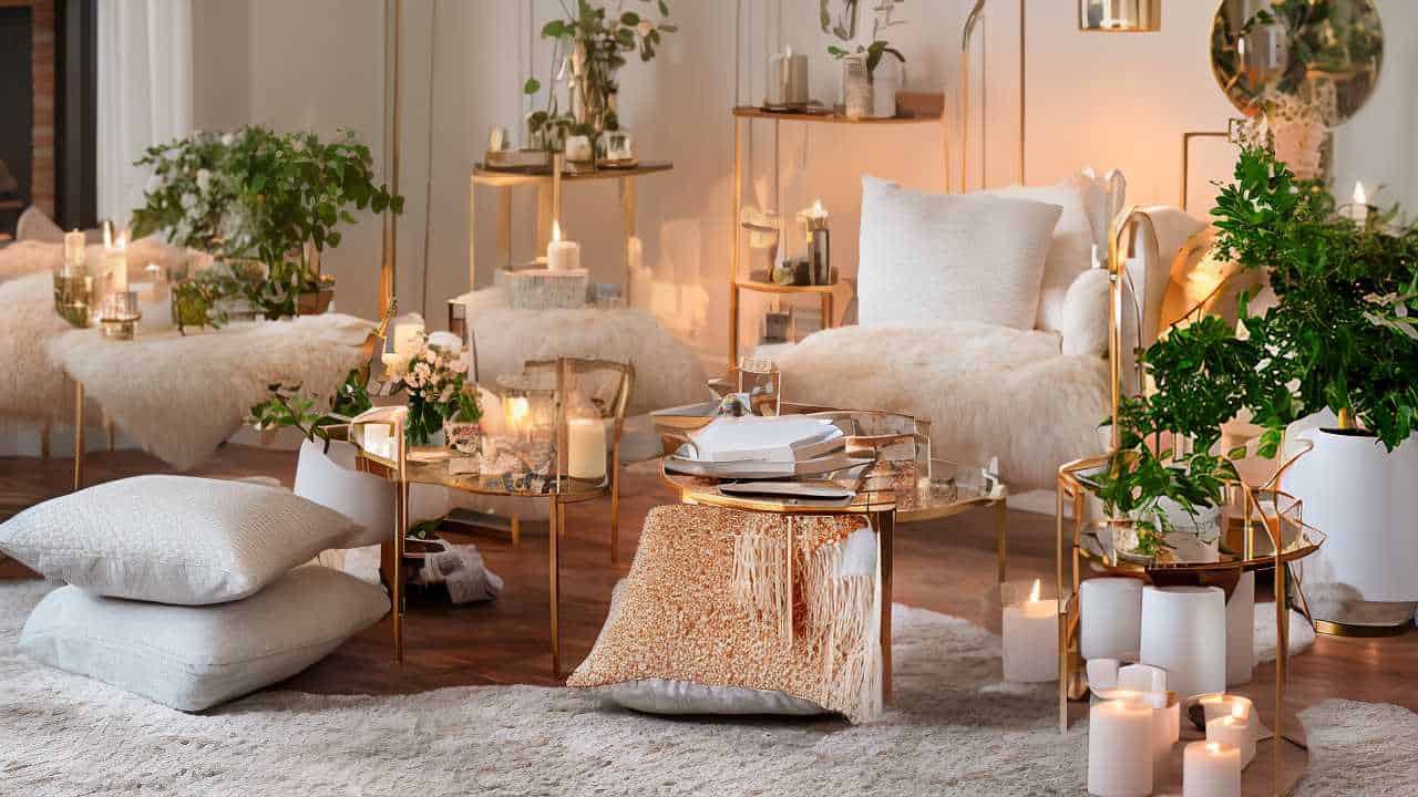A cozy, modern living room with soft lighting. Features plush seating, gold accents, plants, candles, and stacked white cushions on a fluffy rug.
