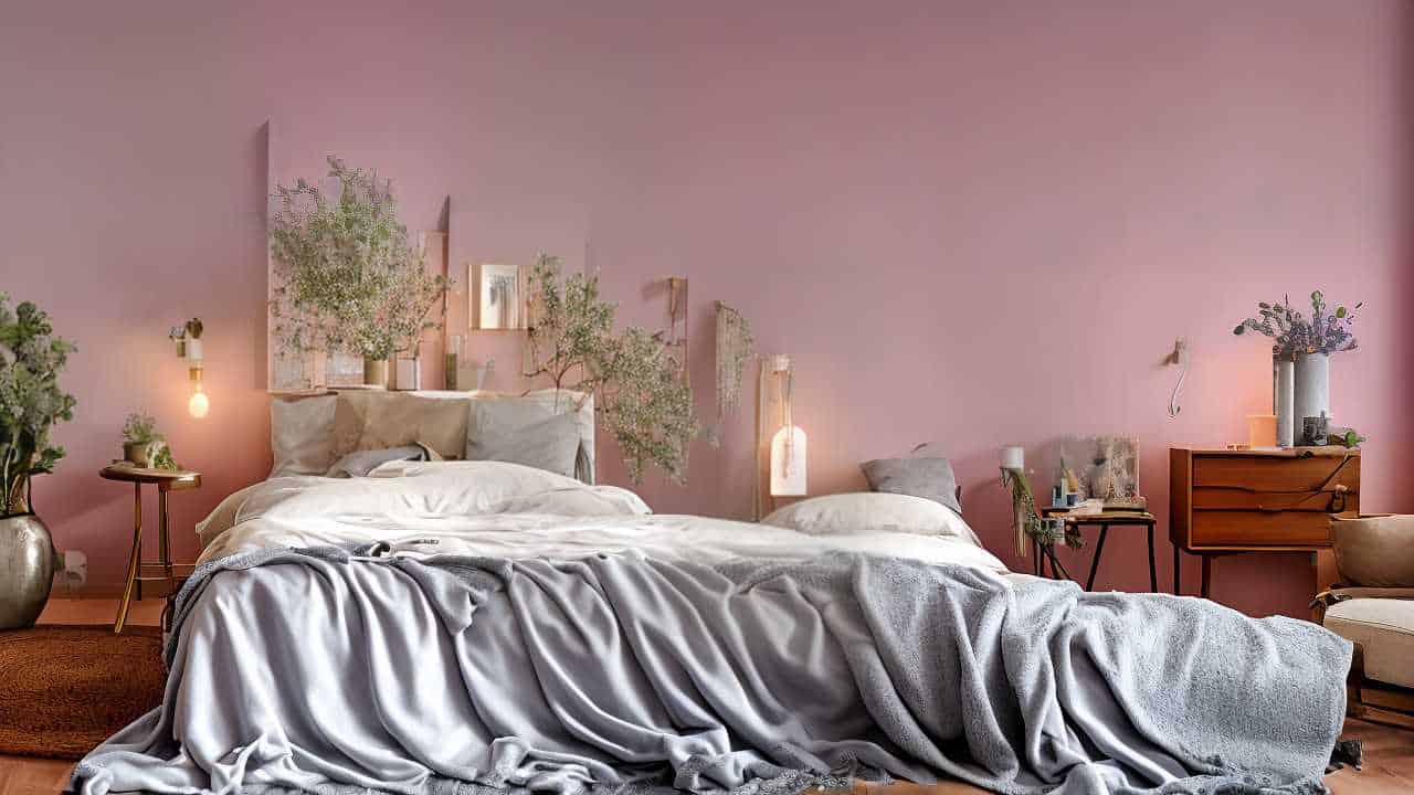 A cozy bedroom with a large bed, light gray bedding, and soft pillows. The walls are painted pink and have decorative plants. Wooden nightstands with lamps and plants flank the bed.