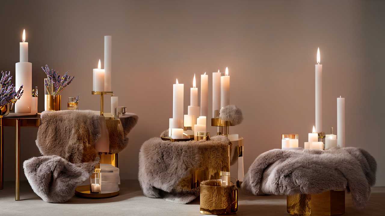 A cozy setting with lit pillar candles of various heights on gold stands, surrounded by soft gray fur throws. Lavender sprigs add a touch of color.