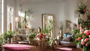 A living room with abundant plants, floral arrangements, modern furniture, and sunlight streaming through large windows.