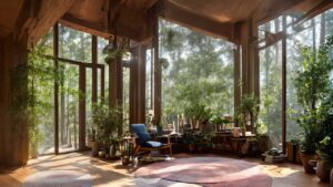 A sunlit room with large windows, filled with plants and books. A blue chair and wooden desk are positioned near the glass, offering a view of the lush greenery outside.