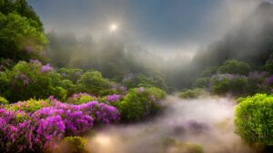 Misty sunrise over a lush, green valley with blooming pink and purple flowers under a cloudy sky.