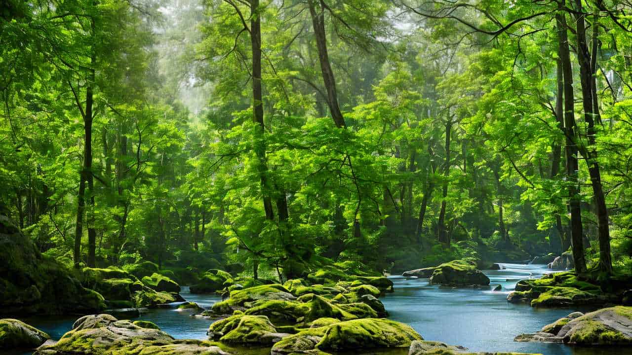 A serene forest scene with sunlight filtering through dense trees, a clear stream flowing over moss covered rocks, and a tranquil atmosphere.