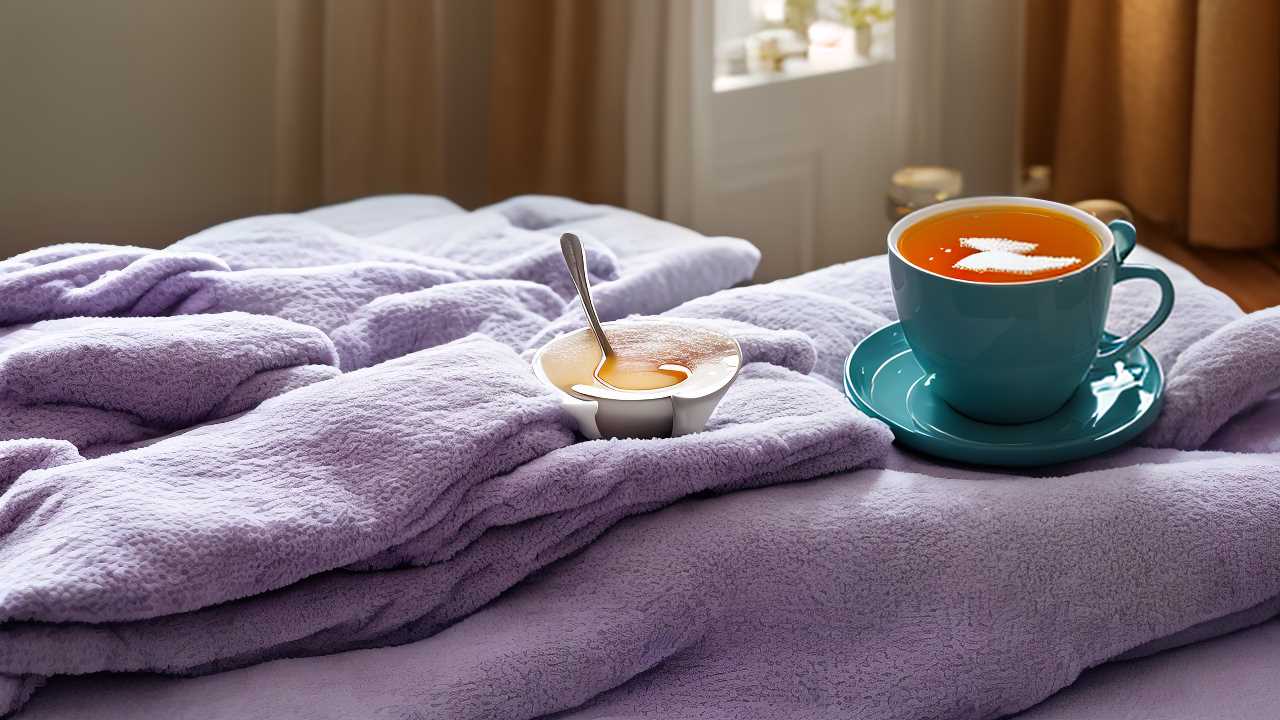 A cup of tea and a yogurt with a spoon rest on a fluffy purple blanket, near a window.