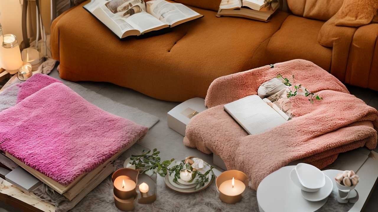 Cozy living room with an orange couch, books, and pink blankets. Lit candles and small plants create a warm ambiance.