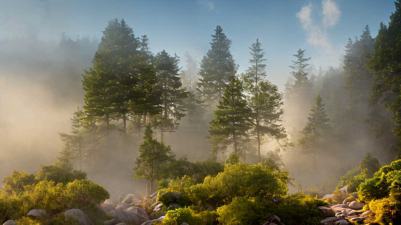 A misty forest scene with tall evergreen trees and dense greenery under soft, diffused sunlight.