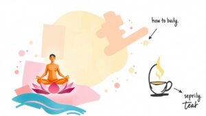 Illustration of a person meditating on a lotus with abstract shapes, a ginger root, and a cup of steaming tea. The words "how to baily" and "seprily teh" are shown with arrows.