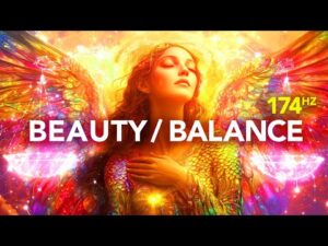 A woman with closed eyes and colorful wings stands amid bright, glowing light with “BEAUTY / BALANCE” and “174 Hz” written over the image.