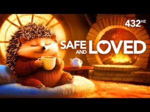 A hedgehog in a red sweater sits on a couch holding a mug, with a teapot nearby and a fireplace in the background. Text reads “SAFE AND LOVED 432 Hz.”.