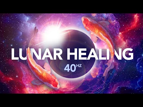 A cosmic background with two koi fish circling a dark sphere, overlaid with the text "Lunar Healing 40 Hz.