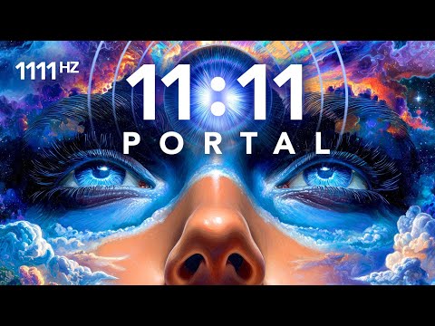 Surreal artwork of a face with blue eyes, surrounded by clouds and cosmic elements, with "11:11 PORTAL" and "1111 Hz" text displayed prominently.