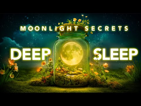 A glowing jar containing a full moon and small plants sits on grass, surrounded by flowers. Large text reads "Moonlight Secrets Deep Sleep.
