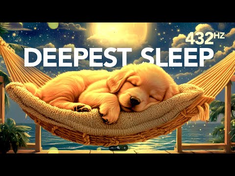 A golden puppy sleeps on a hammock under a night sky; text reads "432 Hz Deepest Sleep.