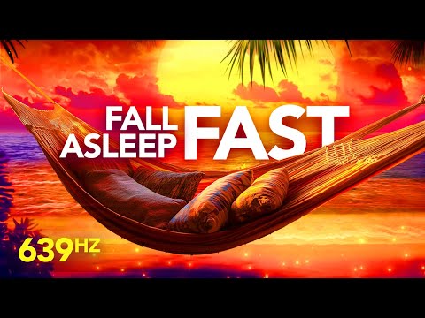 A hammock with pillows is suspended over a tropical beach at sunset, with the text "FALL ASLEEP FAST" and "639 Hz" displayed on the image.