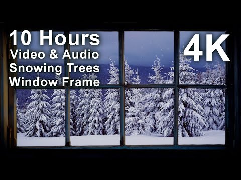 View through a window frame showing snow covered trees, with text overlay advertising 10 hours of 4K video and audio of snowing trees seen from a window.