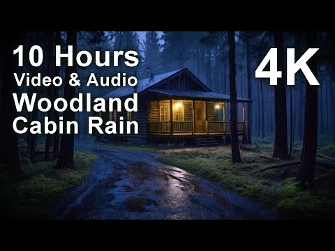 A wooden cabin with lit windows sits in a dark, rainy forest at dusk. Text reads: "10 Hours Video & Audio Woodland Cabin Rain 4K.
