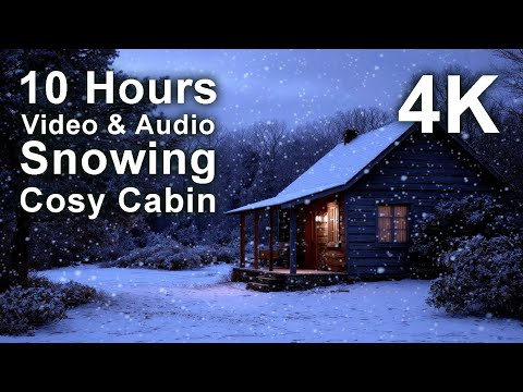 A small cabin with lights on sits in a snowy landscape at night while snow falls, with text overlay advertising "10 Hours Video & Audio Snowing Cosy Cabin 4K.