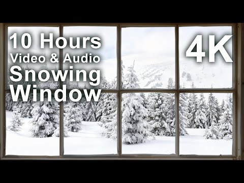 A snowy landscape with pine trees viewed through a window, featuring text that reads "10 Hours Video & Audio Snowing Window 4K.