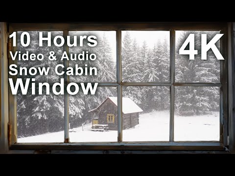 View through a window showing a snow covered cabin and pine trees, with large text advertising a 10 hour 4K video and audio of a snow cabin window.