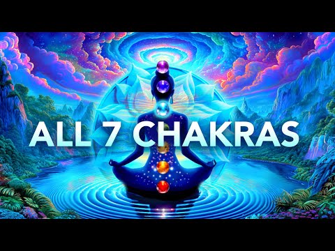 A silhouetted figure sits in a lotus pose with seven colored chakra points along the body, set against a vibrant, surreal landscape with the text "ALL 7 CHAKRAS" overlaid.