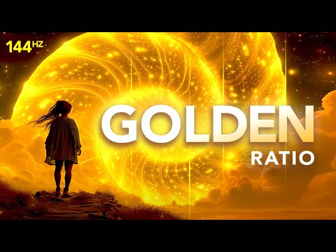 A child stands on a hill, looking at a glowing golden spiral shell with the text "Golden Ratio" and "144Hz" overlaid on the image.