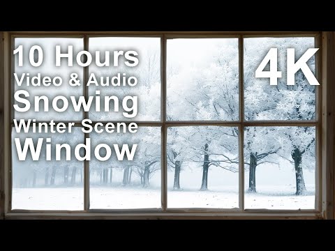 A window frames a snowy winter landscape with trees covered in snow; text overlay advertises a 10 hour 4K video and audio of a snowing winter scene viewed from a window.