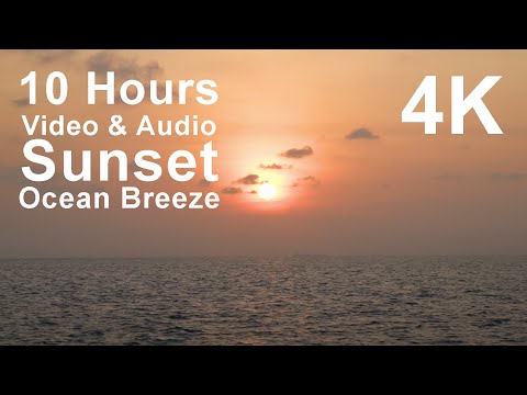 Calm ocean scene at sunset with the sun low in the sky and some clouds, featuring large white text advertising a 10 hour 4K video and audio of a sunset with an ocean breeze.