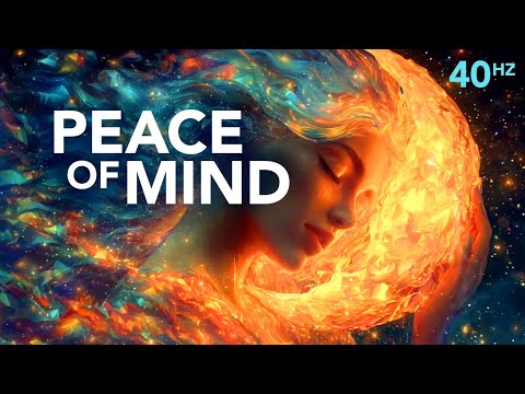 Digital artwork of a serene woman with closed eyes surrounded by swirling, vibrant colors; large text reads "PEACE OF MIND 40Hz" in the corner.