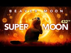 A beaver sits in front of a large, glowing full moon with the text "Beaver Moon," "Super Moon," and "432 Hz" overlaid on the image.