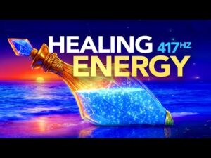 A glowing potion bottle lies on a beach at sunset, with the text "Healing Energy 417Hz" above it.