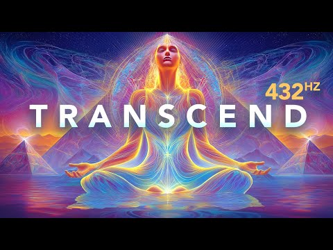 A glowing figure in a meditative pose sits in front of geometric patterns and pyramids, with the word "TRANSCEND" and "432Hz" displayed prominently.