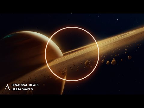A ringed planet with visible rings and numerous asteroids in space; a glowing circle is centered over the rings. “Binaural Beats Delta Waves” text appears in the lower left corner.