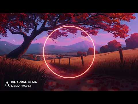 An autumn landscape with a dirt path, wooden fence, and a tree with red leaves; mountains in the background and a glowing circle in the center. Text: "Binaural Beats Delta Waves.
