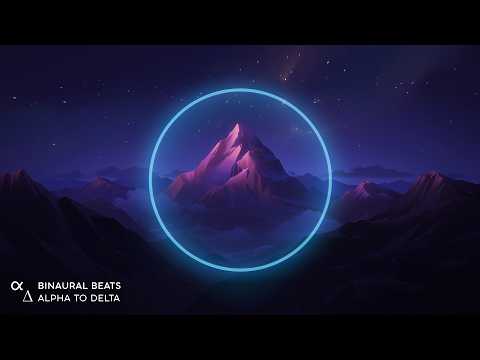Digital art of a mountain peak at night with a glowing blue circle in the center; text in the corner reads "Binaural Beats Alpha to Delta.