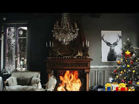 A cozy living room with a lit fireplace, a decorated Christmas tree with gifts, an armchair, and deer themed decor, including a wall art and antlers. Snow is visible outside the window.