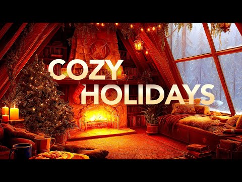 A warmly lit attic room with a decorated Christmas tree, fireplace, candles, sofa, and large windows showing a snowy forest, overlaid with the text "COZY HOLIDAYS.