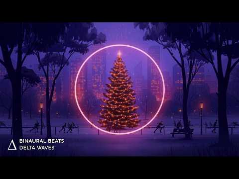 A lit Christmas tree stands in a city park at night, surrounded by a glowing pink circle, with people walking nearby and city buildings in the background.