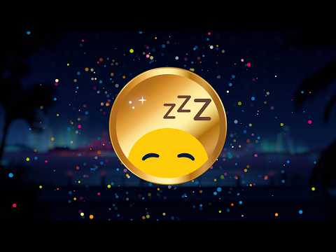 A golden sleepy face emoji with "zzz" above its head is centered on a dark, blurred background with colorful confetti like dots.