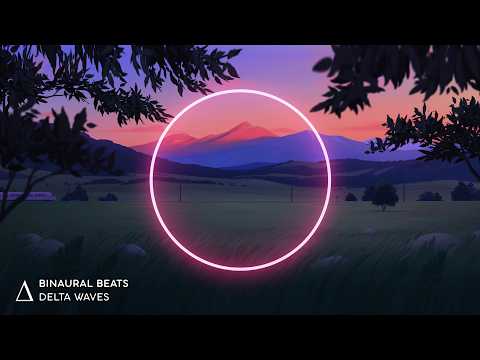 Illustration of a grassy field at sunset with mountains in the background, a glowing pink circle in the center, and text reading "Binaural Beats Delta Waves" in the bottom left corner.