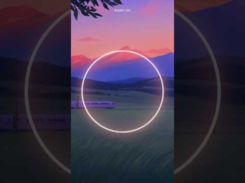 A circular white outline is centered over an illustrated landscape featuring a train on green fields, distant mountains, and a colorful sunset sky. The word "SLEEPYJAZZ" appears at the top.