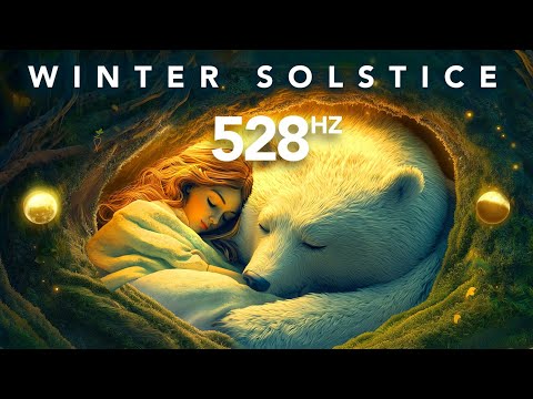 Illustration of a woman sleeping beside a large white bear in a nest, with the text "Winter Solstice" and "528 Hz" displayed above them.