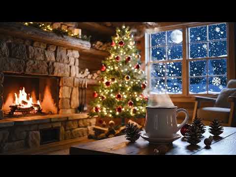 A cozy living room with a lit fireplace, decorated Christmas tree, steaming mug on a table, and snow falling outside a window at night.