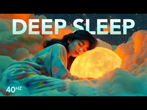 A woman in pajamas rests her head on a glowing moon surrounded by clouds, with "DEEP SLEEP" and "40Hz" text above and below.